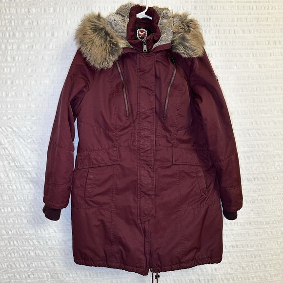 1 Madison Jackets & Blazers - 1 Madison Expedition Faux Fur Hooded Parka Coat Burgundy Women's Size L